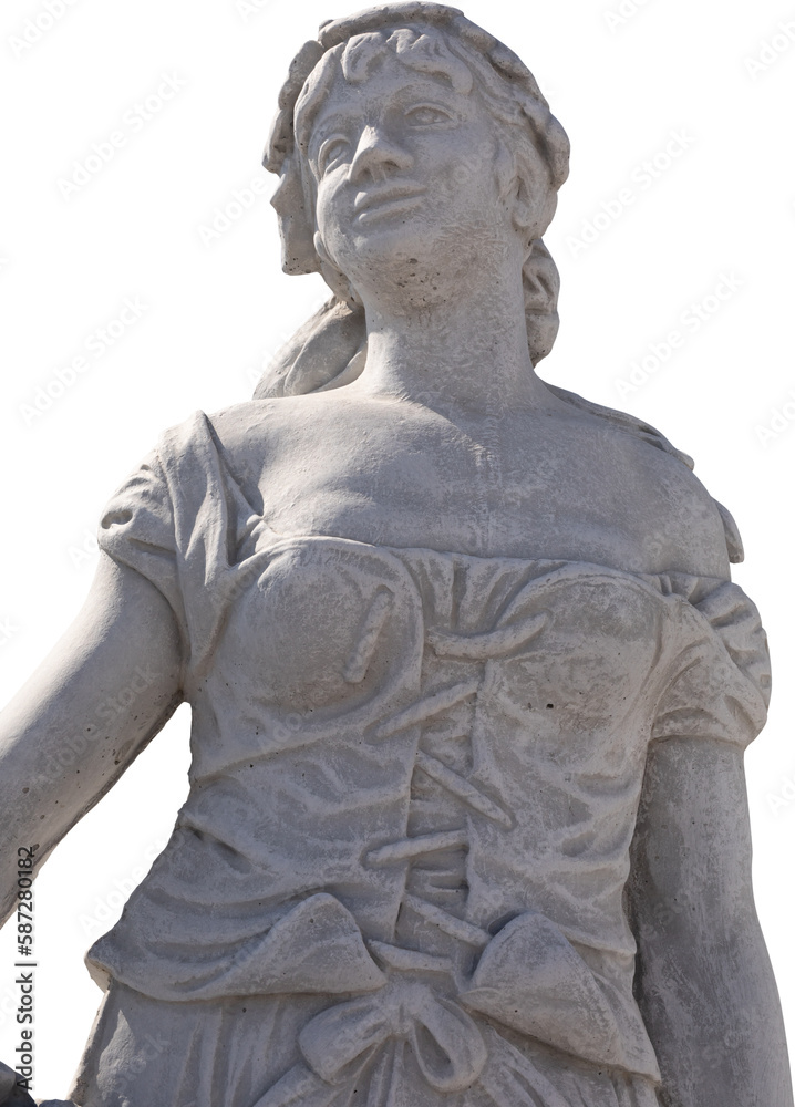 Image of ancient classical style weathered sculpture of woman on transparent background