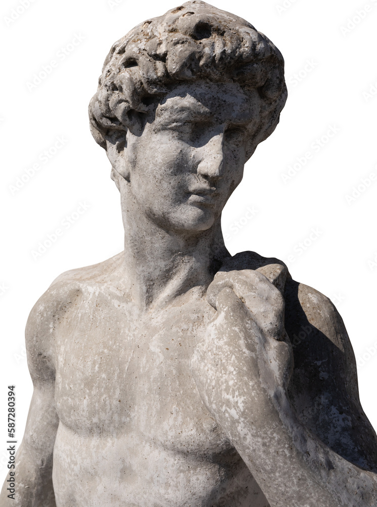 Obraz premium Image of ancient classical style weathered sculpture of naked man on transparent background