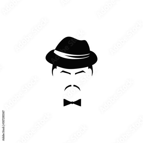 Retro male profile with tie hat and mustache template. Mafia men character 20s with vintage style for masquerade and designer vector avatar
