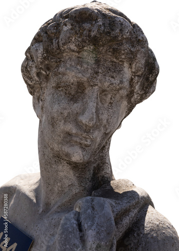 Image of ancient classical style weathered sculpture of man's bust on transparent background