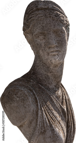 Image of ancient classical style weathered sculpture of woman's bust on transparent background