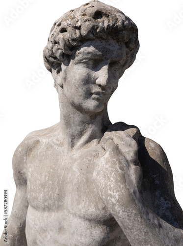 Image of ancient classical style weathered sculpture of naked man on transparent background photo