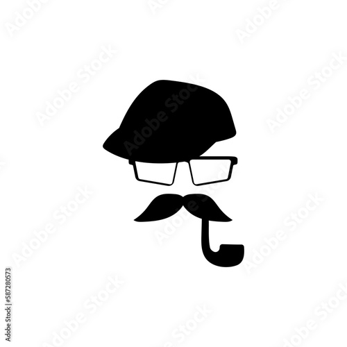 Retro head in glasses hat with mustachea and tube template. Fashion gentleman character with vintage style for masquerade and designer vector avatar
