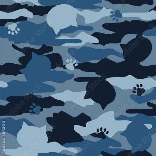 ねこ迷彩のシームレスパターン　ブルー系