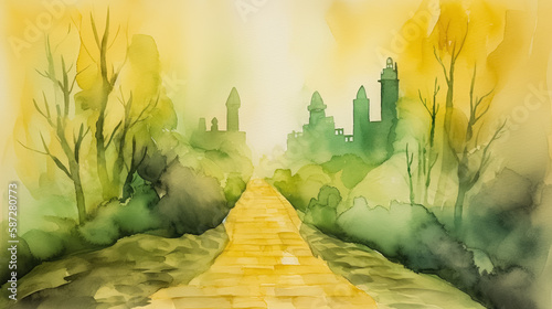 Watercolor drawing of yellow brick road leading to city by AI