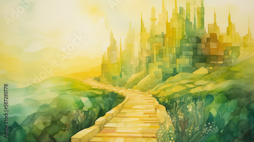 Fényképezés Watercolor drawing of yellow brick road leading to city by AI