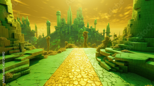 Abstract futuristic yellow and green brick road by AI.