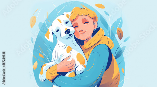 The boy hugs his dog tightly with a big smile on his face. Generative AI