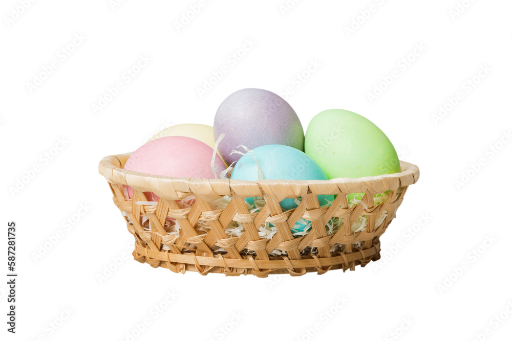 Basket of colorful Easter eggs isolated on white background. Easter basket filled with colored eggs top view holiday concept Basket of colorful Easter eggs isolated on white background. Easter basket filled with colored eggs top view holiday concept