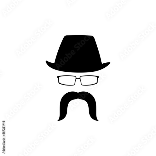 Funny head in glasses hat with mustache template. Gentleman character with vintage style for masquerade and designer vector avatar