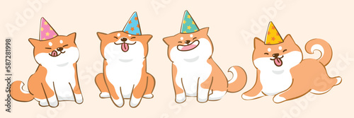 Vector Illustration of Cartoon Shiba Inu Dog Characters on Isolated Background