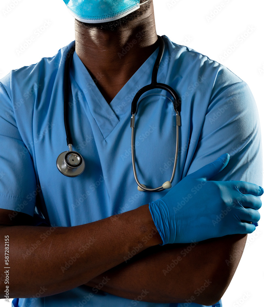 Mid section of african american male health worker wearing face mask against white background Mid section of african american male health worker wearing face mask against white background