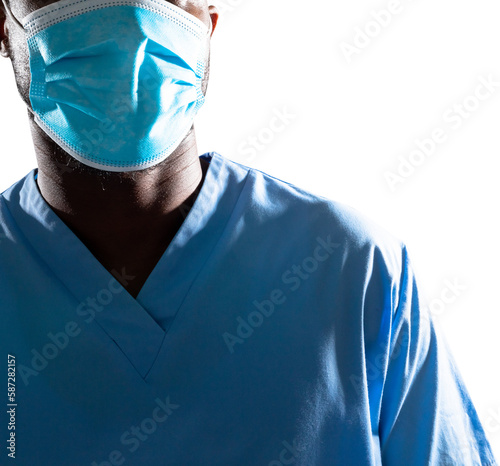 Mid section of african american male health worker wearing face mask against white background