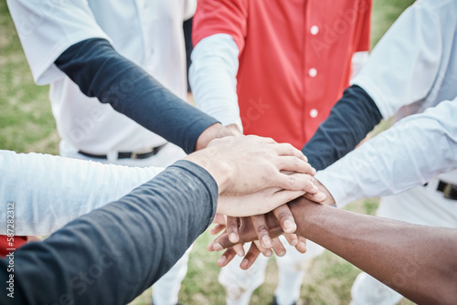 Photography Hands, motivation or baseball people in huddle with support, hope or faith on sports field in game together