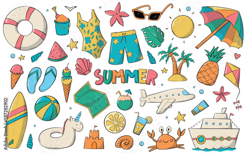 Summer doodles collection, cartoon elements, clip art. Good for prints, cards, posters, banners, signs, sublimation, etc. EPS 10