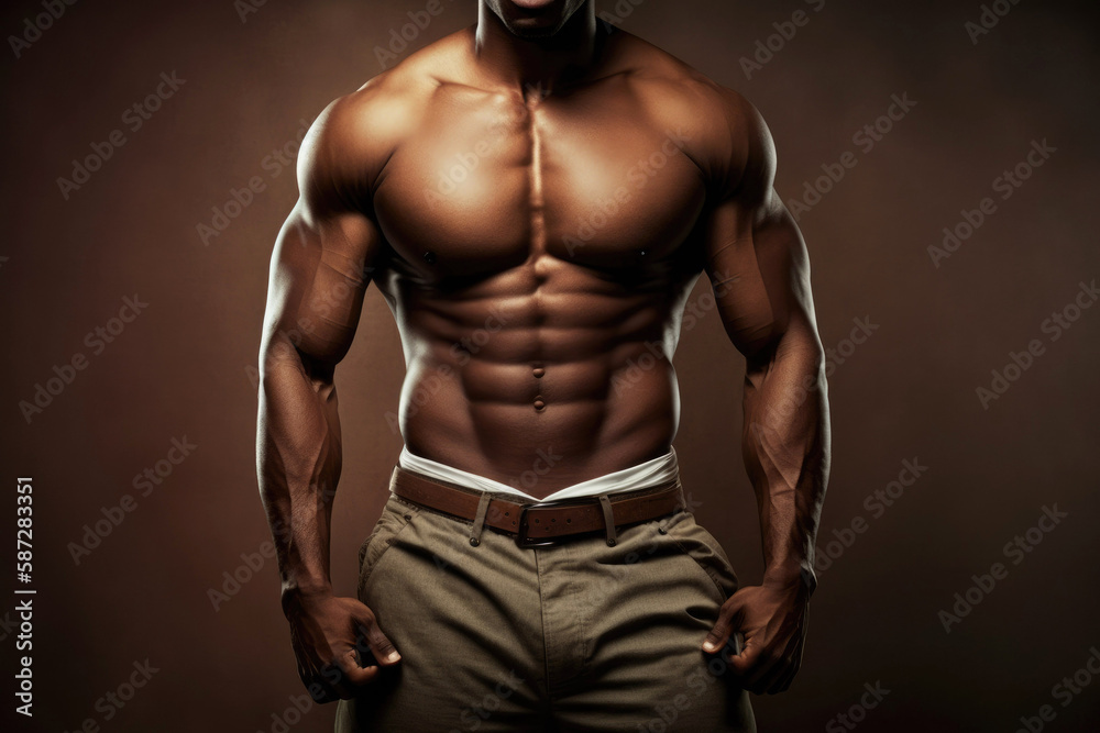 Close up off Multiethnic male standing hands on hips and showing off her toned well body. Generative ai