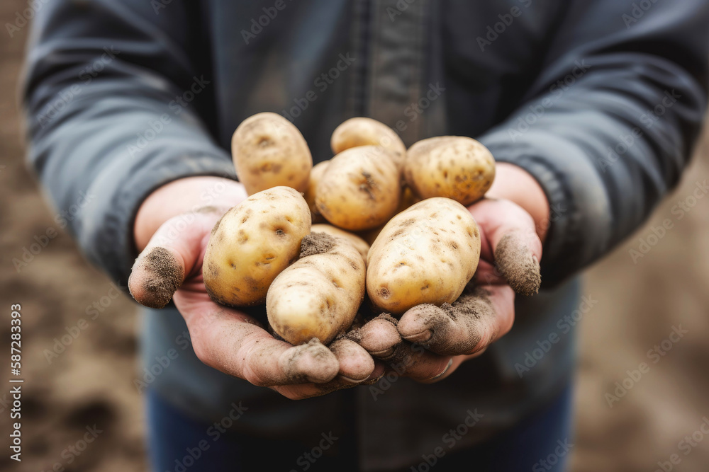 Crop gardener showing potatoes to camera. Generative ai Crop gardener showing potatoes to camera. Generative ai