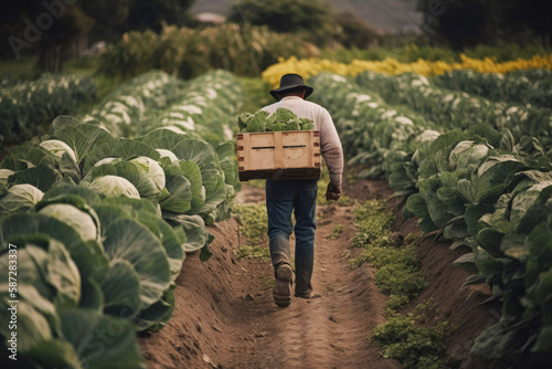 Anonymous farmer carrying box of cabbage. Generative ai.