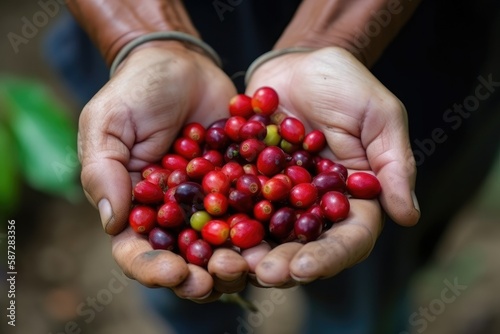 coffee berries on agriculturist hands. Generative ai.