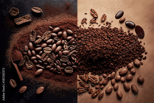 Composition of grained and whole coffee. Generative ai