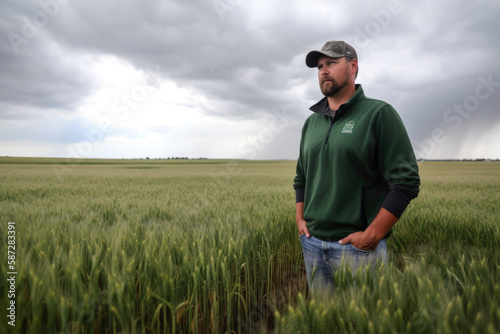 crop farmer worried about storm on the horizon, possible hail. Generative ai © VisualProduction