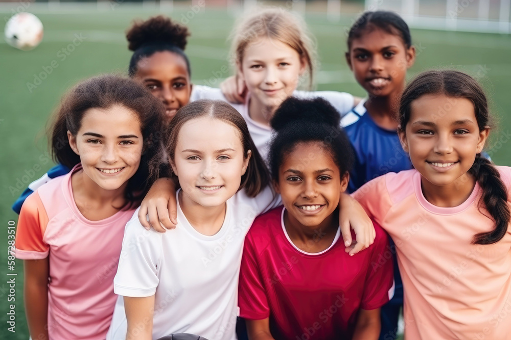 Group portrait, girl football and field with smile, team building motivation or solidarity at sport training. Female kids, sports diversity and happy with friends, teamwork. Generative ai. Group portrait, girl football and field with smile, team building motivation or solidarity at sport training. Female kids, sports diversity and happy with friends, teamwork. Generative ai.