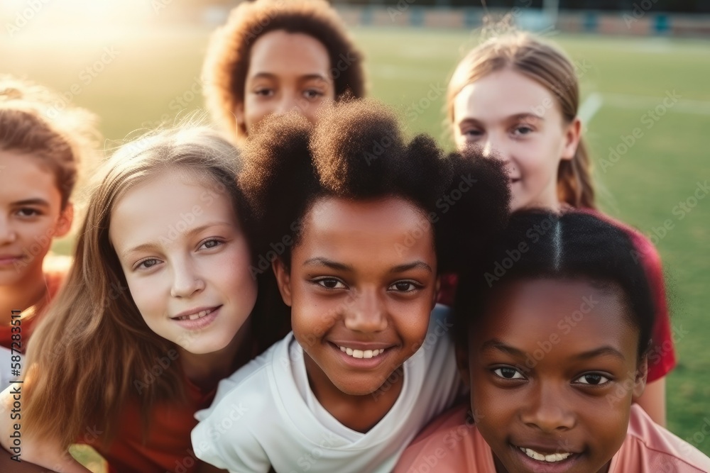 Fototapeta premium Group portrait, girl football and field with smile, team building motivation or solidarity at sport training. Female kids, sports diversity and happy with friends, teamwork. Generative ai.