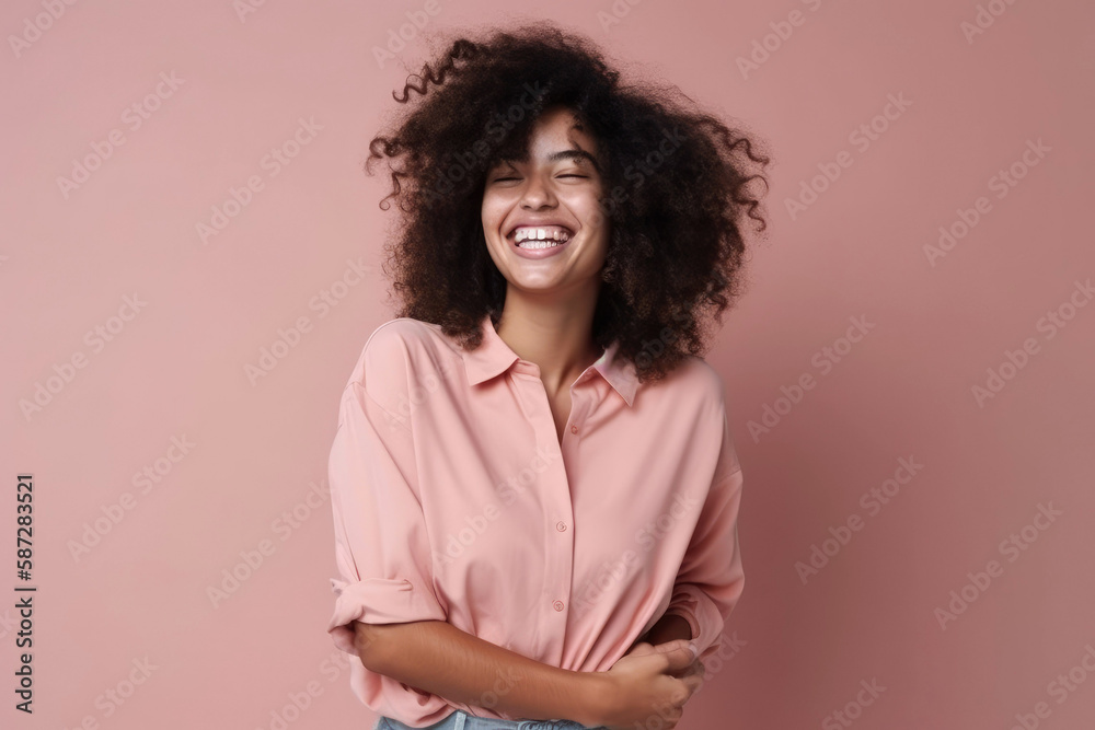 Fototapeta premium Happy fun loving multiethnic female posing in the studio. Generative ai.