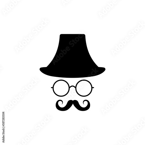 Retro head in glasses hat with mustache template. Fashion gentleman character with vintage style for masquerade and designer vector avatar