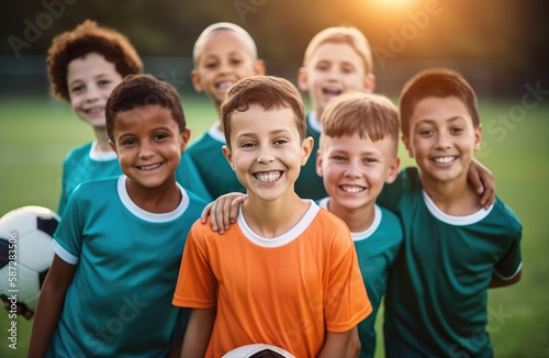 Group portrait, boy football and field with smile, team building motivation or solidarity at sport training. male kids, sports diversity and happy with friends, teamwork. Generative ai.