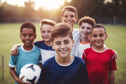 Group portrait, boy football and field with smile, team building motivation or solidarity at sport training. male kids, sports diversity and happy with friends, teamwork. Generative ai. © VisualProduction