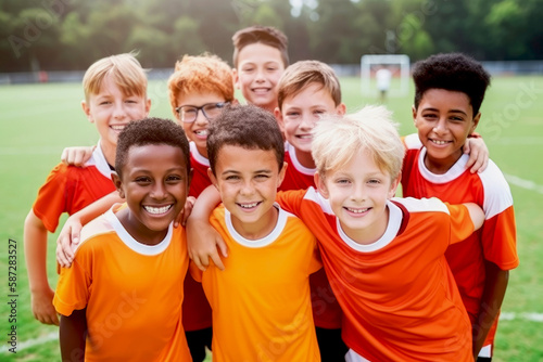 Group portrait, boy football and field with smile, team building motivation or solidarity at sport training. male kids, sports diversity and happy with friends, teamwork. Generative ai.
