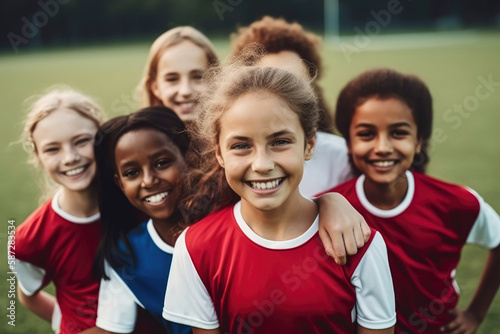 Group portrait, girl football and field with smile, team building motivation or solidarity at sport training. Female kids, sports diversity and happy with friends, teamwork. Generative ai.