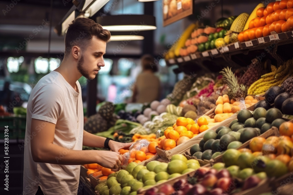 Young male choosing goods standing at the counter with a bunch of different fresh food in the market hall. Generative ai