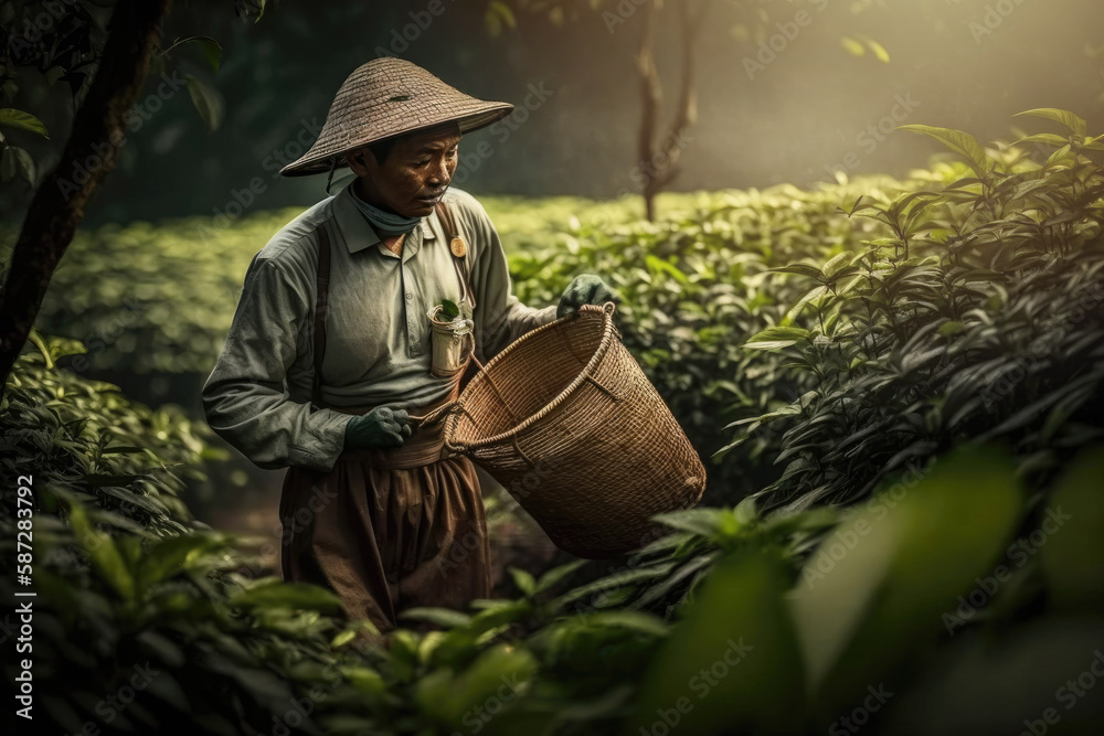Worker picking tea leaves in tea plantation. Generative ai Worker picking tea leaves in tea plantation. Generative ai