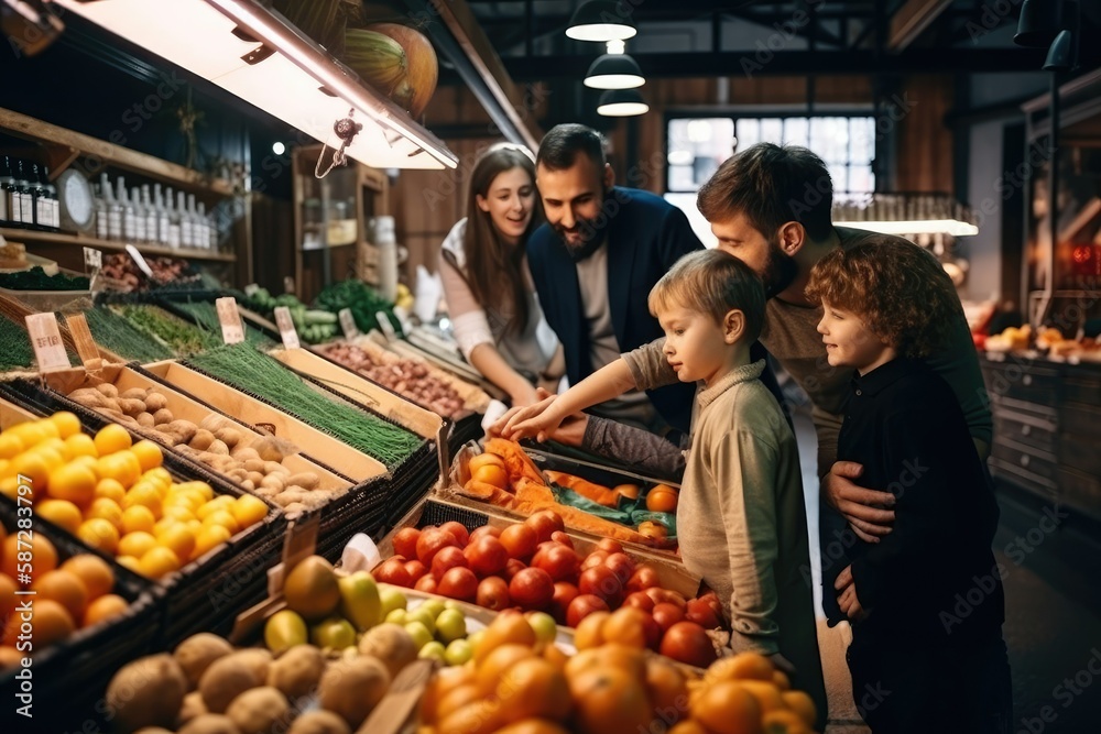 Young family choosing goods standing at the counter with a bunch of different fresh food in the market hall. Generative ai