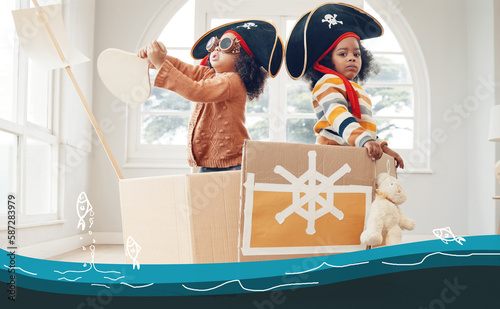 Sailing, box ship or pirate children role play, fantasy imagine or fun pretend in cardboard yacht container. Sea captain sailor, ocean boat game or portrait black kids on Halloween cruise adventure