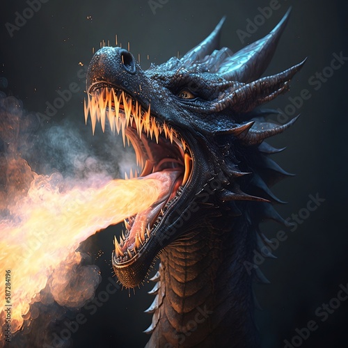 A photorealistic dragon spitting fire, close up, generative AI
