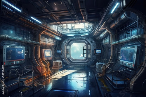 Interior and background of a space station in an artistic concept artwork. Generative AI