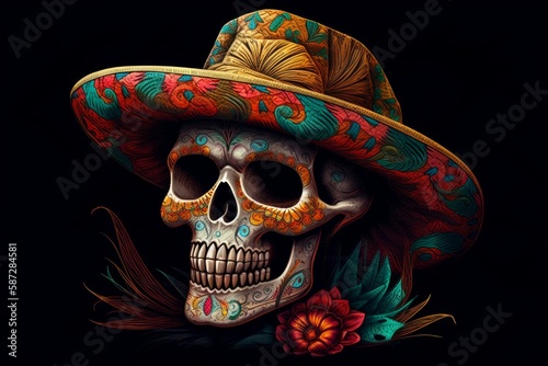Cinco de Mayo - Day of the Dead Mexican Skull - Postproducted generative AI digital illustration