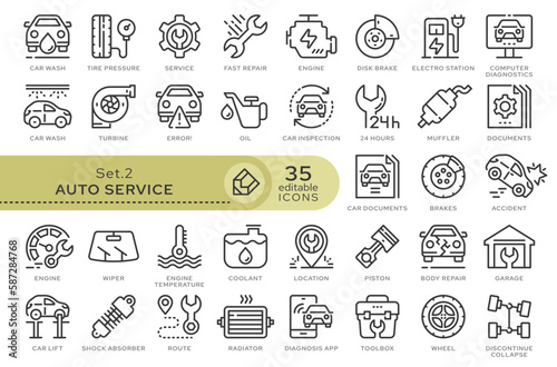 Set of conceptual icons. Vector icons in flat linear style for web sites, applications and other graphic resources. Set from the series - Auto Service. Editable outline icon. 
