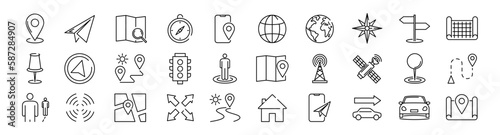 Travel icons. Map location and navigation icons set. Linear icons set.