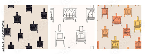 Hand drawn colored fireplace stove icon set in a doodle style isolated on white background. Seamless pattern vector collection.