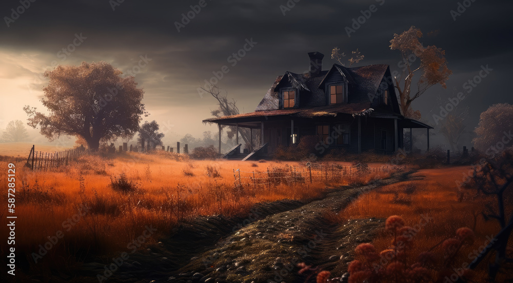 Bedrohliche Landschaft mit altem gruseligem Haus, Generative AI Bedrohliche Landschaft mit altem gruseligem Haus, Generative AI