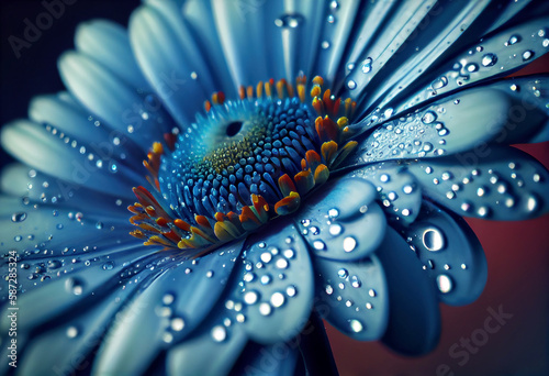 Blue gerbera flower macro shot of a water drops falling on a flower petals. Generative ai