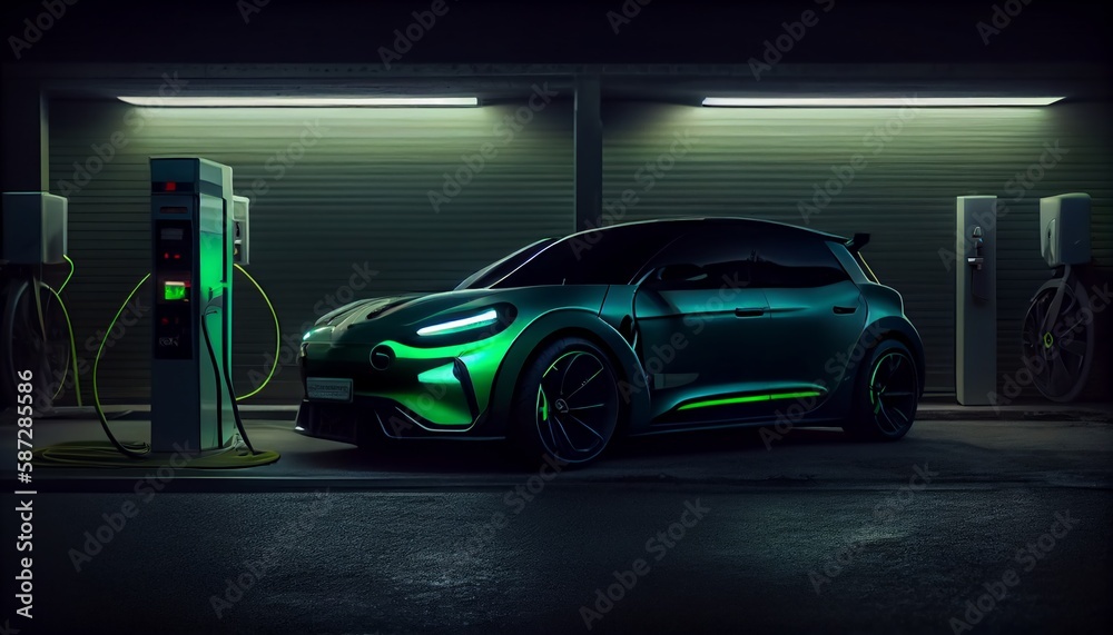 Electric car charging on the station, illustration. Green neon glowing EV vehicle filling up a battery. Modern hybrid Electric car charging on the station, illustration. Green neon glowing EV vehicle filling up a battery. Modern hybrid