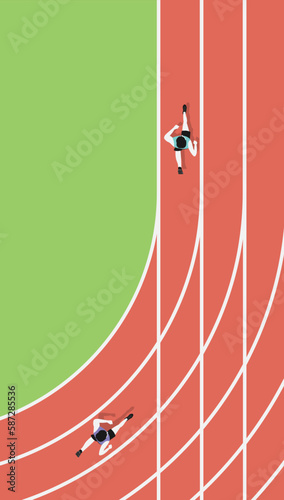 People on running track. Top view of running track.