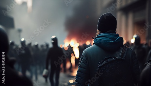 Defocus female and male activist protesting with megaphone during a strike with group of demonstrator in background.