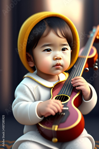 Cute baby musician with guitar created with generative AI technology photo