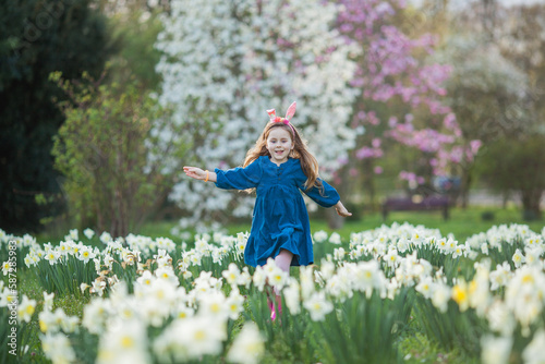 Easter. Little cute girl 5 years old with rabbit ears on the lawn of daffodils. Happy child. Spring holidays.